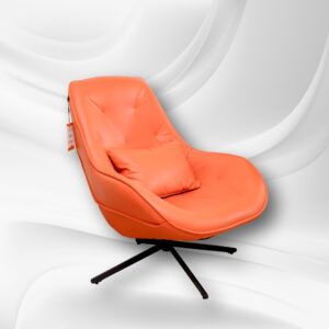 Contoured chair upholstered in a vibrant orange fabric